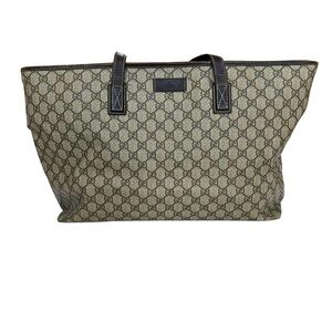 Gucci GG Supreme Tote Bag in Brown Beige PVC and Canvas with Leather Trim
